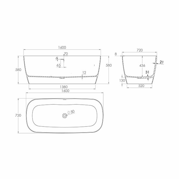 Nuvo Mode Rect Freestanding Stone Bath White 1600x720x436mm | Tile